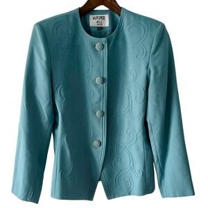 Kasper Vintage Retro Stitched Collarless Blazer Jacket blue gold size 10P MP